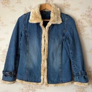 Vintage y2k Blue Denim Faux Fur Trim Afghan Penny Lane Coat Indie Sleaze Size S